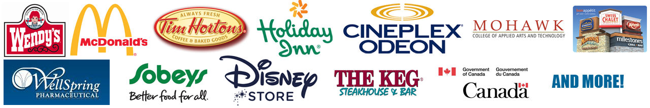 Wendy's, McDonalds, Tim Hortons, Holiday Inn, Cineplex Odeon, Mohawk, Well Spring, Sobeys, Disney, The Keg, Canada and More!